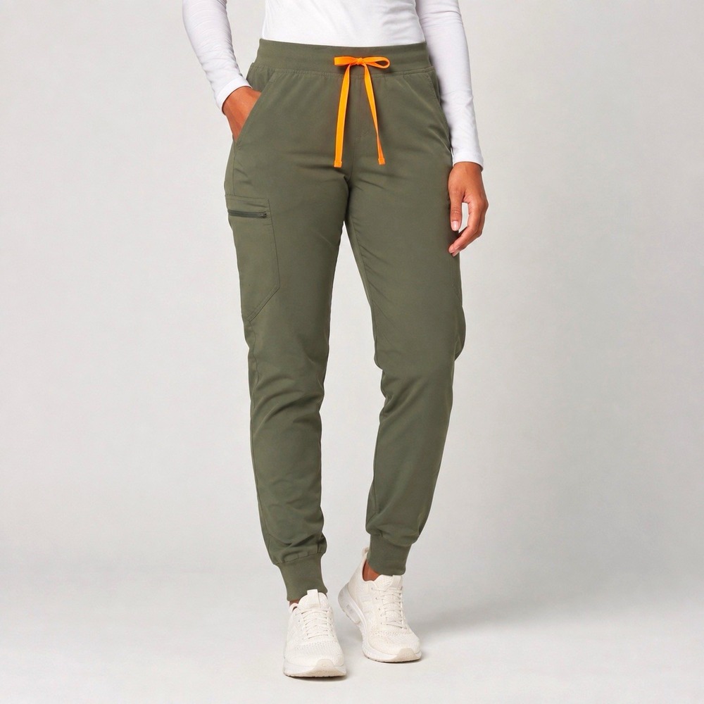 FIGS Zamora Scrub Jogger Pants Womens M/P Moss Green Orange Drawstring Cargo